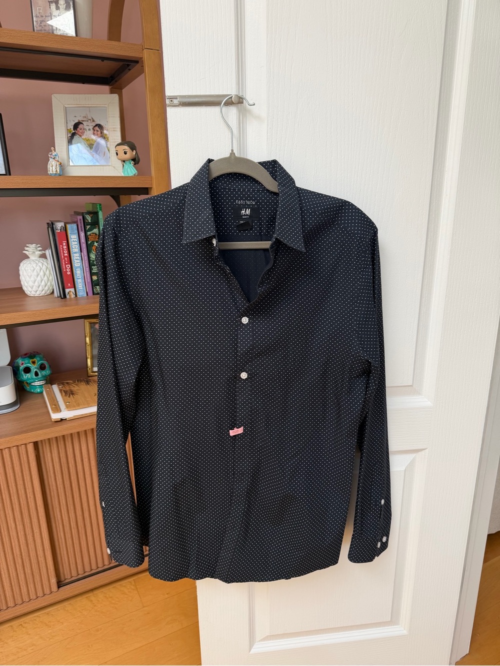 H&M Black Long-Sleeve Button-Up Shirt with White Microdots